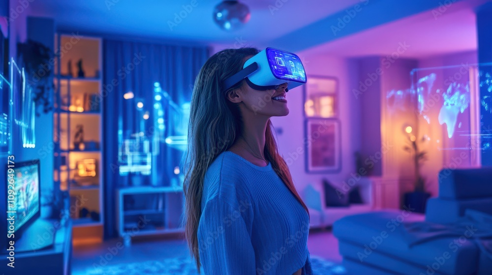 Woman Enjoys Virtual Reality Experience in Modern Colorful Room with Dynamic Lighting Woman Enjoys Virtual Reality Experience in Modern Colorful Room with Dynamic Lighting