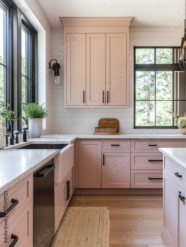 Elegant Pink Kitchen With Modern Farmhouse Design Elements