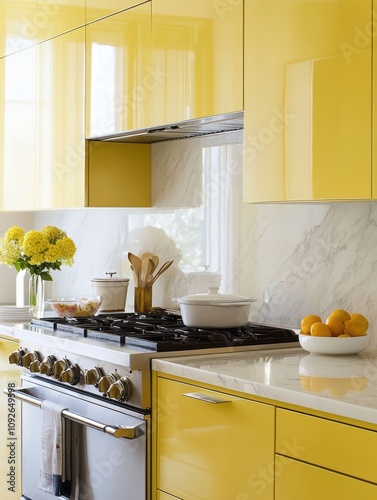 Modern Yellow Kitchen With Marble Countertops And Stainless Steel Appliances