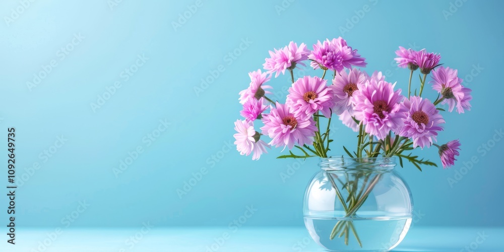 Purple asters in a clear glass vase, against a solid light blue background