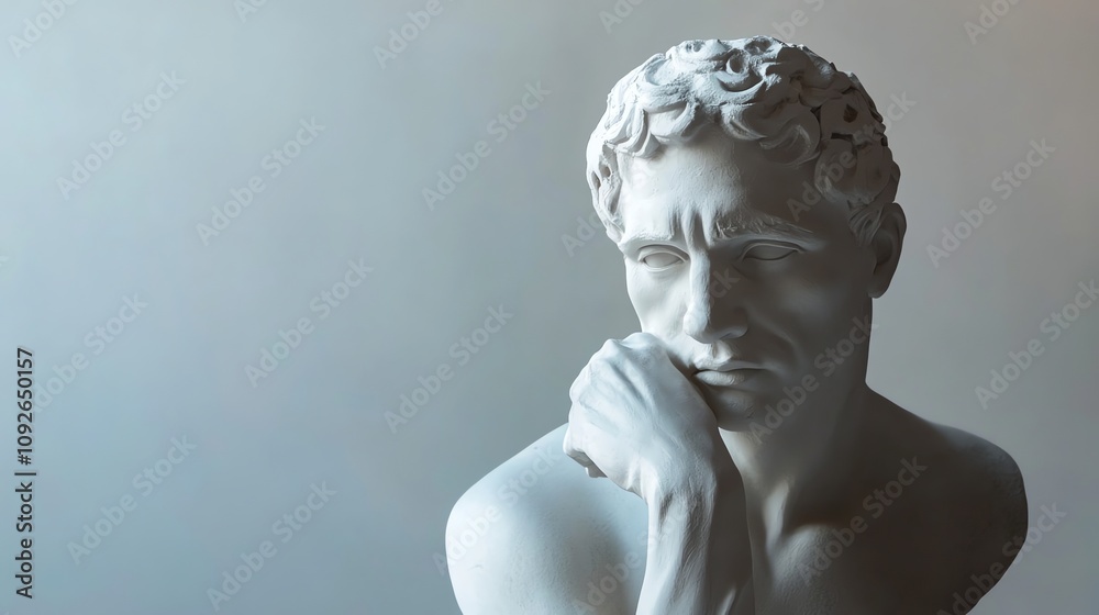 A close-up photo of a white marble bust of a man with curly hair, thoughtfully resting his chin on his hand. A close-up photo of a white marble bust of a man with curly hair, thoughtfully resting his chin on his hand.