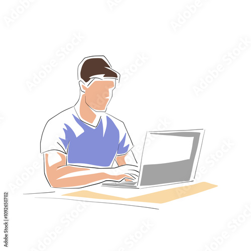 Man is sitting at his desk working on his laptop. Work from home. Break, online shopping, procrastination. Line art vector drawing illustration