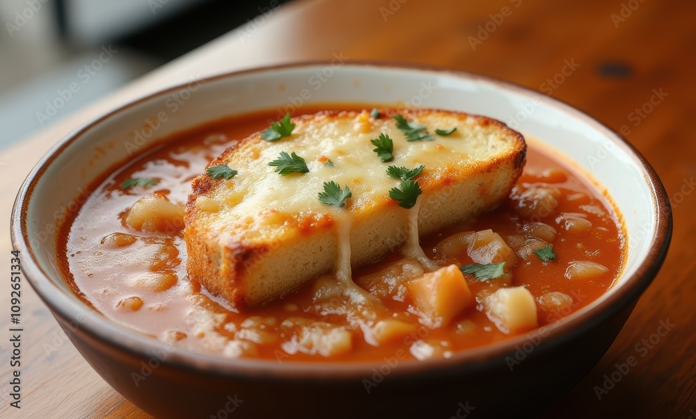 Delicious soup with cheesy bread topping Delicious soup with cheesy bread topping