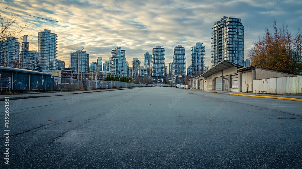 Urban Skyline Viewed from Deserted Road, Vancouver Urban Skyline Viewed from Deserted Road, Vancouver