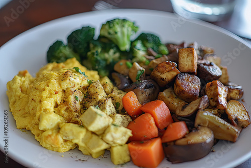 Vegan tofu scramble with sautéed vegetables photo