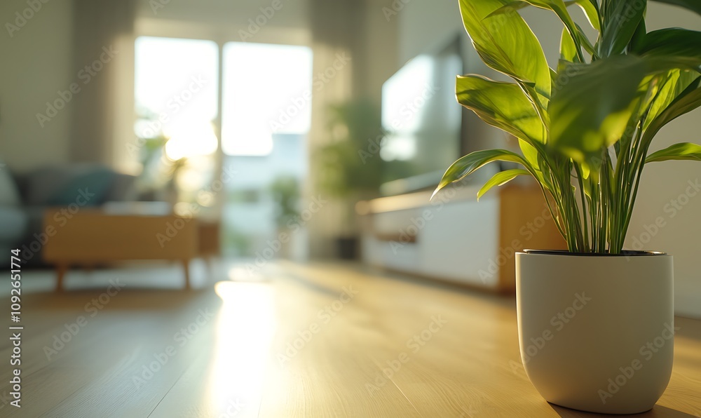 Sunlit living room with potted plant in focus. Sunlit living room with potted plant in focus.