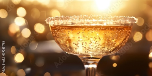 A sparkling mocktail with a sugar-rimmed glass, shot under soft golden-hour lighting photo