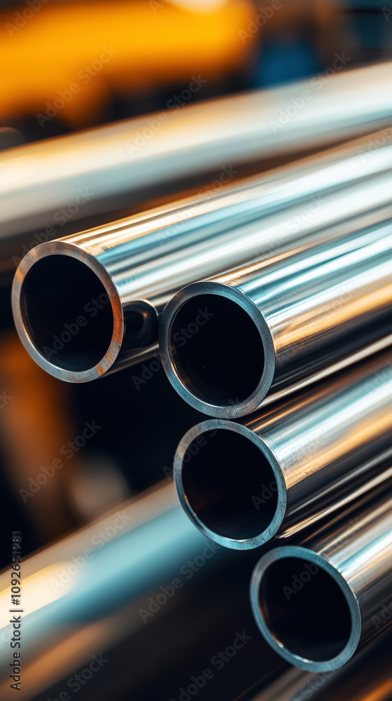 Close up of stack of stainless steel pipes. Metallurgy industry concept. Generative AI Close up of stack of stainless steel pipes. Metallurgy industry concept. Generative AI