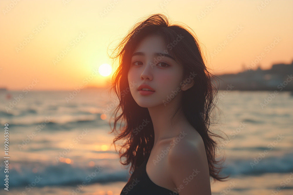 young asian woman standing on the shore of the Mediterranean Sea, the sun is setting in the background young asian woman standing on the shore of the Mediterranean Sea, the sun is setting in the background