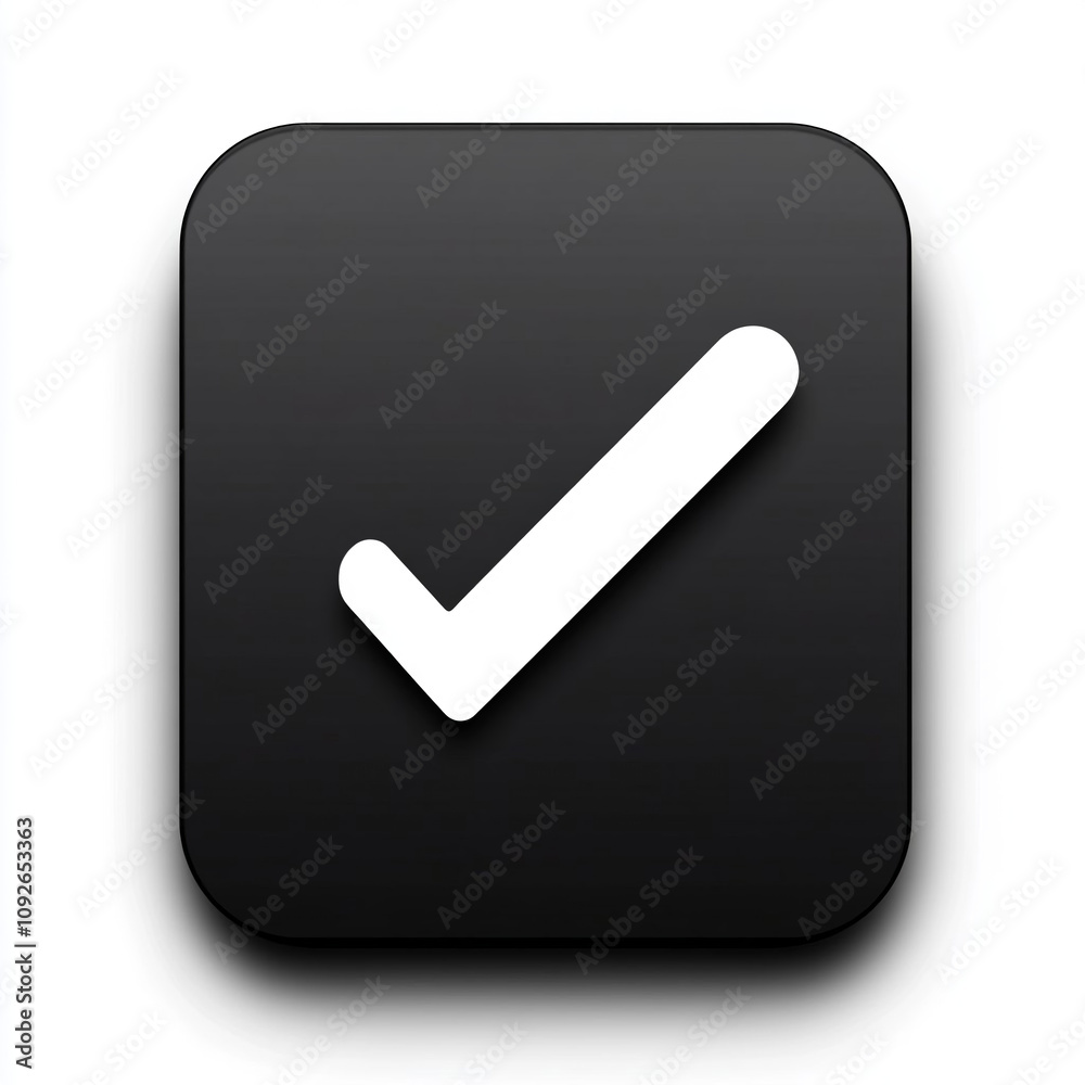 Minimalist black and white check mark icon symbolizing approval on a square background. Minimalist black and white check mark icon symbolizing approval on a square background.