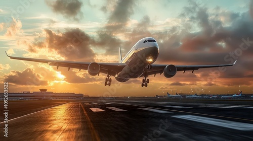 Majestic Airplane Silhouette Against Dramatic Sunset Sky photo