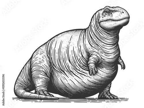 plump fat dinosaur body positive chubby T-rex body, showcasing unique, retro-inspired artwork sketch engraving generative ai vector illustration. Scratch board imitation. Black and white image.
