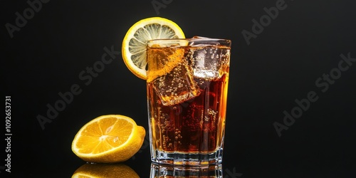 A tall glass of non-alcoholic iced tea with crystal-clear ice cubes and a lemon wheel garnish, on a reflective black surface