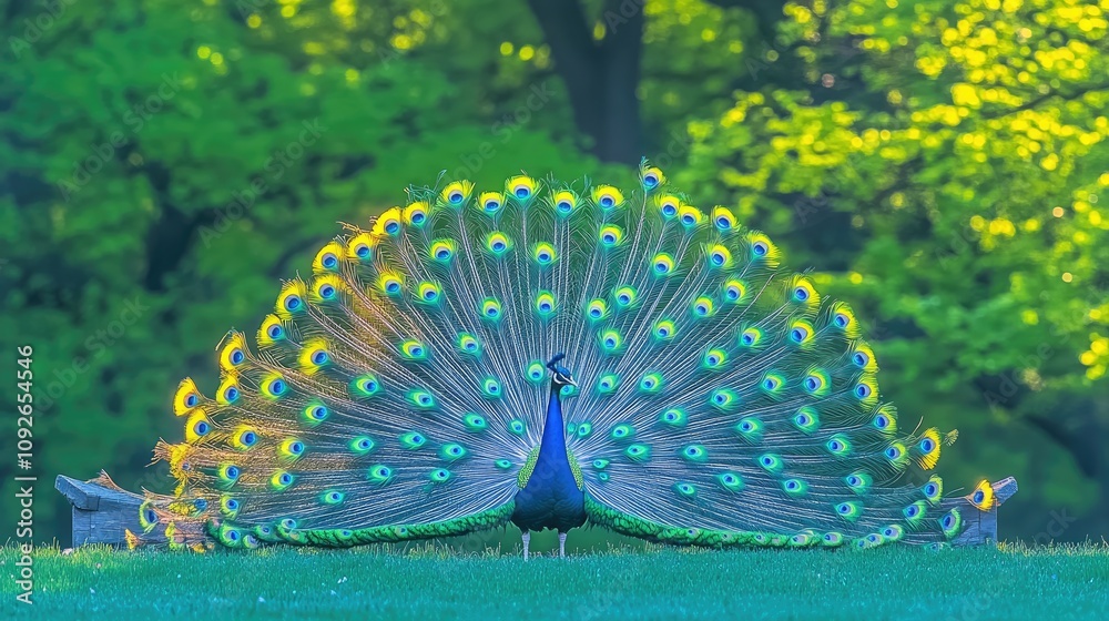 Obraz premium A majestic peacock stands gracefully in a verdant green field, its iridescent tail feathers fanned out in vibrant display.