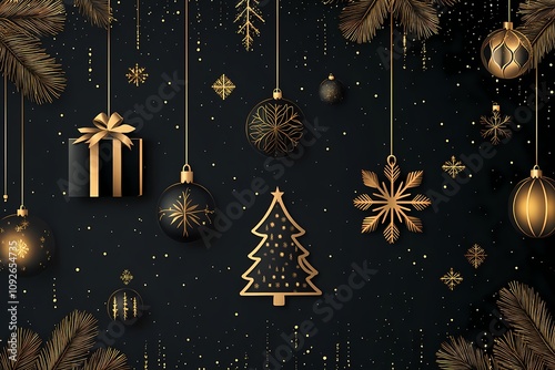 Luxury christmas invitation card art deco design vector. Christmas tree, snowflake, bauble, gift spot texture on black background. Design illustration for season's greeting poster, cover 