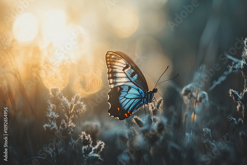 Beautifully shining blue morpho butterfly in sunlight photo