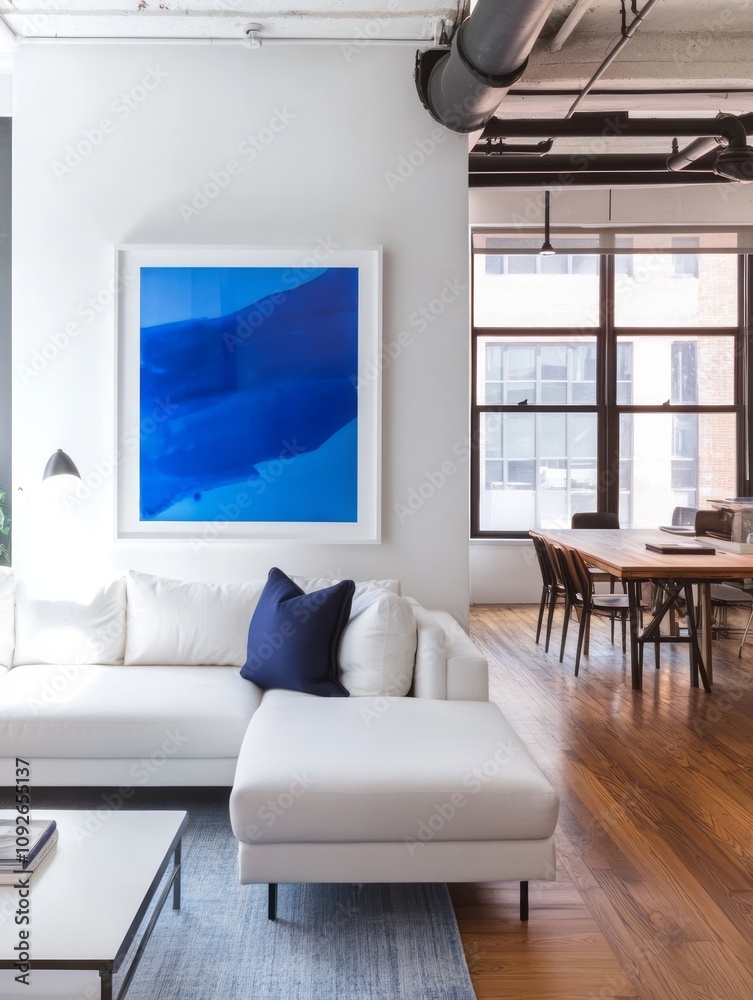 Fototapeta premium Modern Living Room With Blue Abstract Art And White Sofa