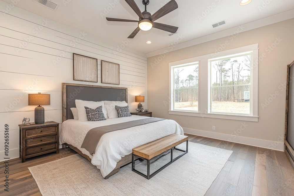 Fototapeta premium an American modern farmhouse style bedroom which ceiling fan is flat and plain generative ai