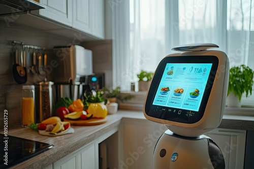 Robot with a display showing health tips to a person in the kitchen photo