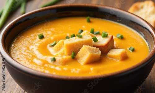 Creamy pumpkin soup with croutons