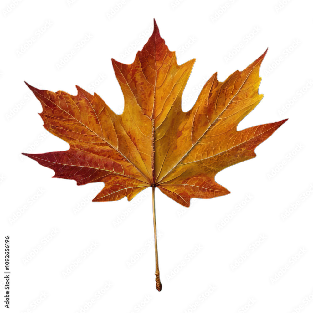 Fototapeta premium bright orange autumn leaf with detailed texture, isolated on transparent background