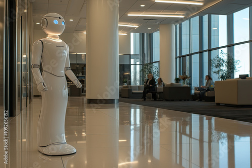 Humanoid robot guiding visitors in an office lobby photo