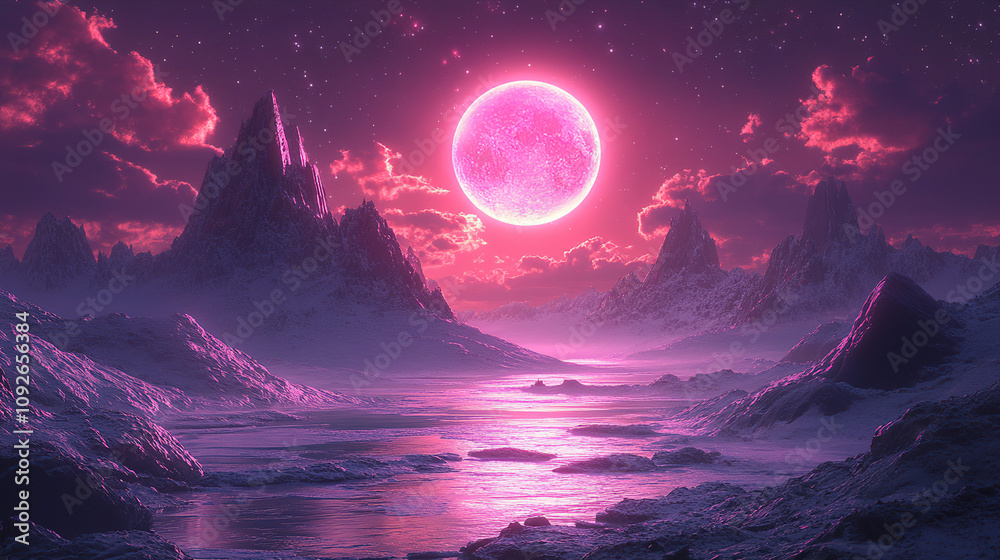 Obraz premium Majestic pink moon over a mystical landscape with mountains and shimmering water at twilight. Generative AI