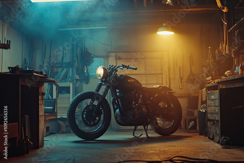 Custom Bobber Motorbike Standing in an Authentic Creative Workshop. Vintage Style Motorcycle Under Warm Lamp Light in a Garage photo