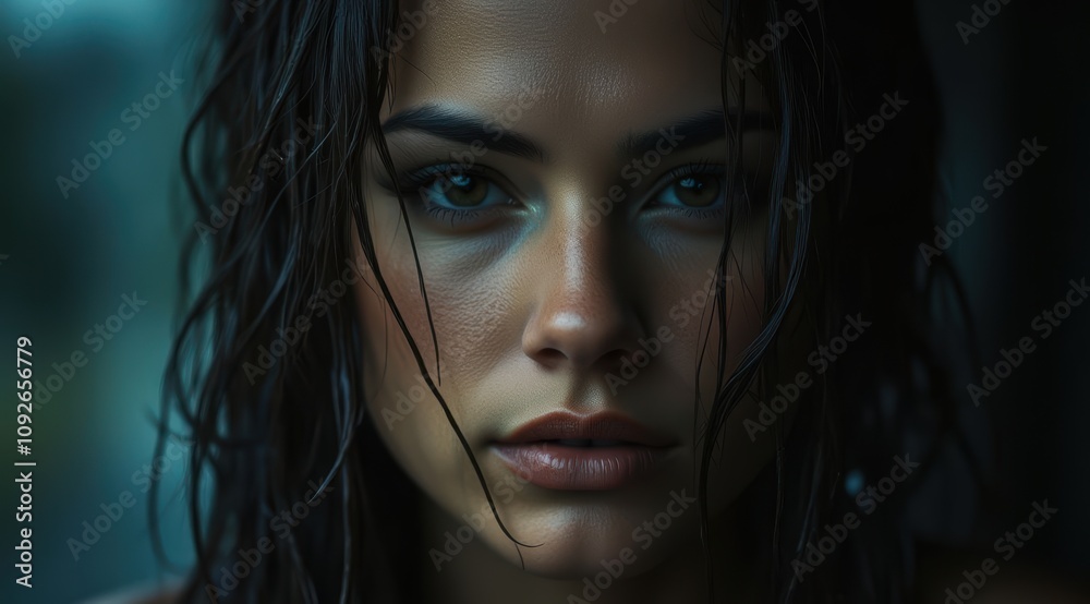 Intense gaze of a young woman.