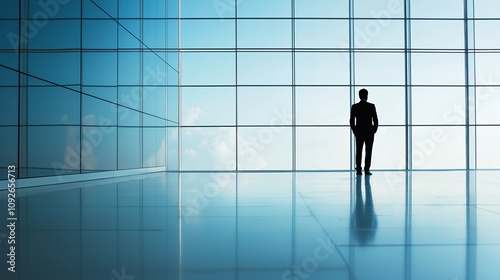 A silhouette of a person stands in front of large glass windows, reflecting a serene sky.