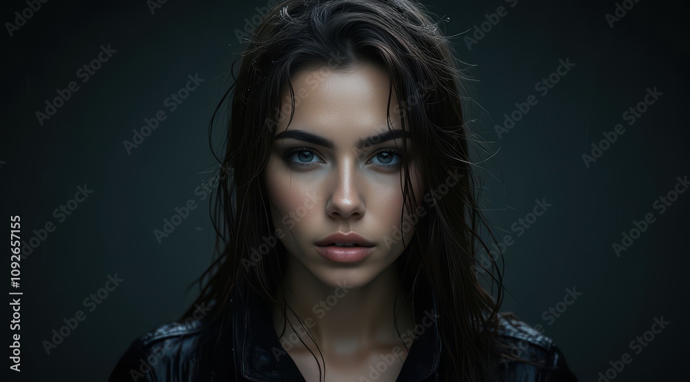 Female model with wet hair and intense gaze Female model with wet hair and intense gaze