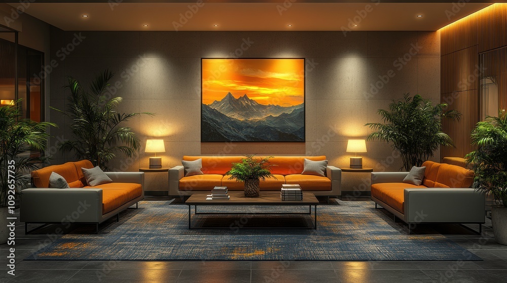 Modern Living Room with Cozy Furniture, Mountain Landscape Artwork, Warm Lighting, and Indoor Plants for a Welcoming Atmosphere Modern Living Room with Cozy Furniture, Mountain Landscape Artwork, Warm Lighting, and Indoor Plants for a Welcoming Atmosphere