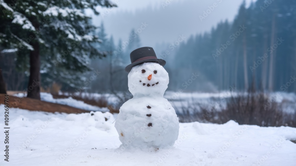 Fototapeta premium Cheerful snowman standing in a snowy field with a forest and mountain range in the background.