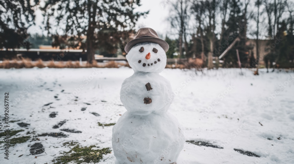 Obraz premium Cheerful snowman standing in a snowy field with a forest and mountain range in the background.