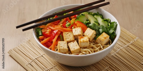 Asian-inspired noodle bowl with chopsticks, fresh vegetables, and tofu, served on a bamboo mat, serene and cultural, photo