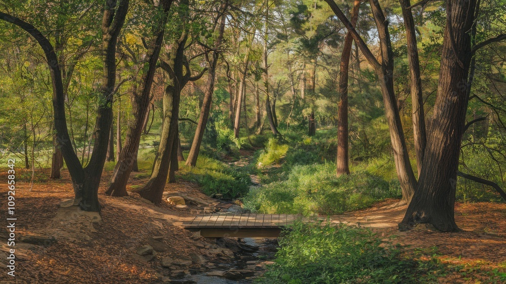 Serene forest path surrounded by lush green trees under soft sunlight. Serene forest path surrounded by lush green trees under soft sunlight.