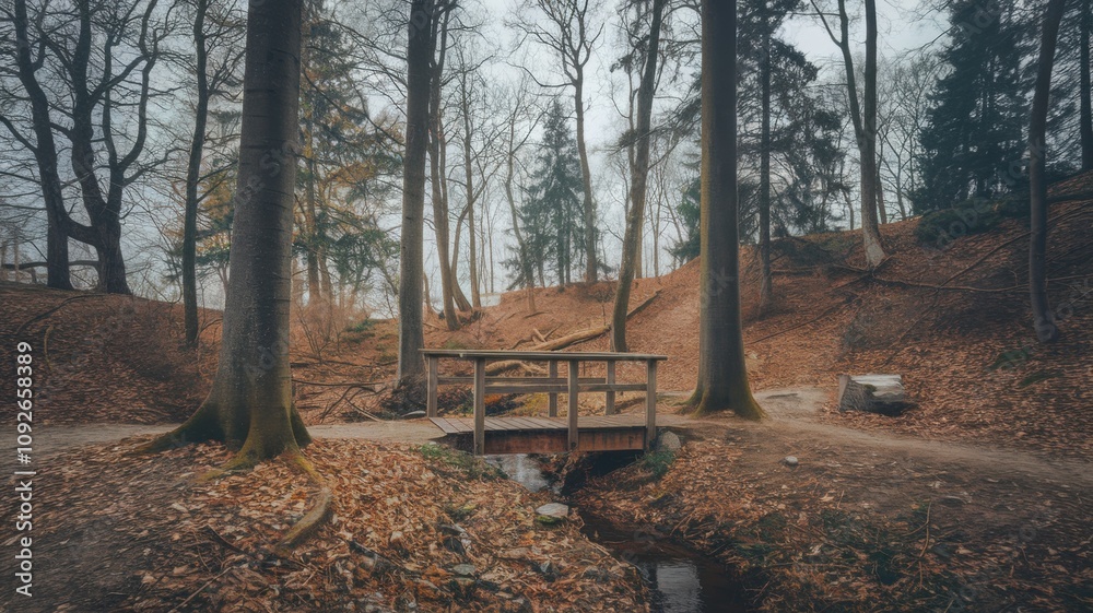 Fototapeta premium Serene forest path surrounded by lush green trees under soft sunlight. 