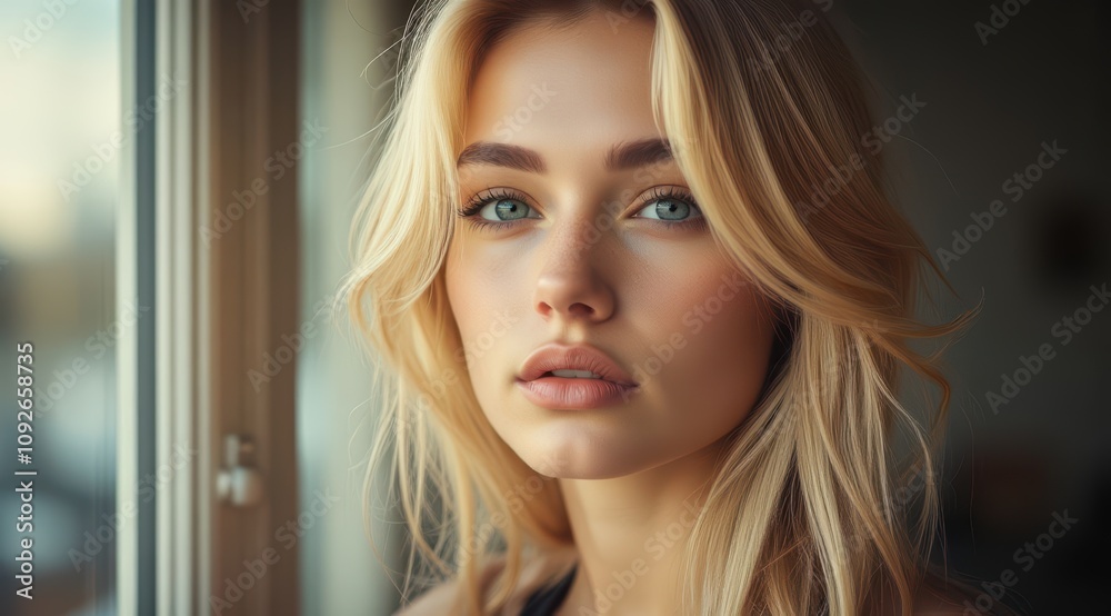 Blonde woman gazing through window Blonde woman gazing through window
