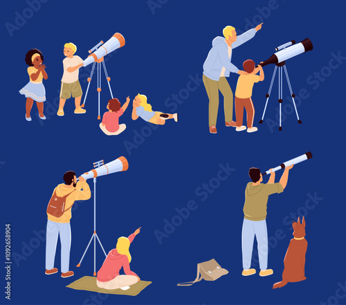 Diverse people characters looking through telescope isolated set. Happy children, parent and kid, loving couple and single man with dog enjoying visit to planetarium vector illustration