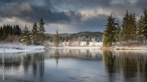 Towering pine trees and snowy landscapes, under a clear blue sky in a serene winter wilderness.