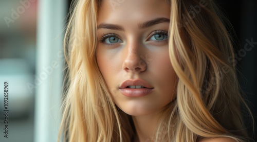 Young blonde woman with striking blue eyes