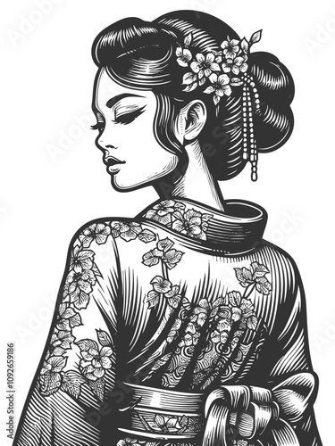 geisha in a floral-patterned kimono, asian woman sketch engraving generative ai fictional character vector illustration. Scratch board imitation. Black and white image.