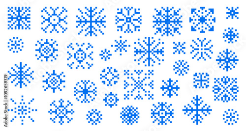 Big collection of snowflakes, snow icon in pixel art. Set of retro. Pixel snowflakes with tracery. Decoration ice floes with geometric patterns. Symbol of Christmas holiday and 8bit vector game.