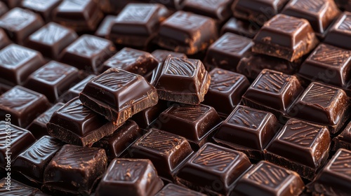 Chocolates stacked neatly in rows, rich dark color, detailed close-up, luxurious and indulgent, tempting and inviting, focus on smooth and glossy surface