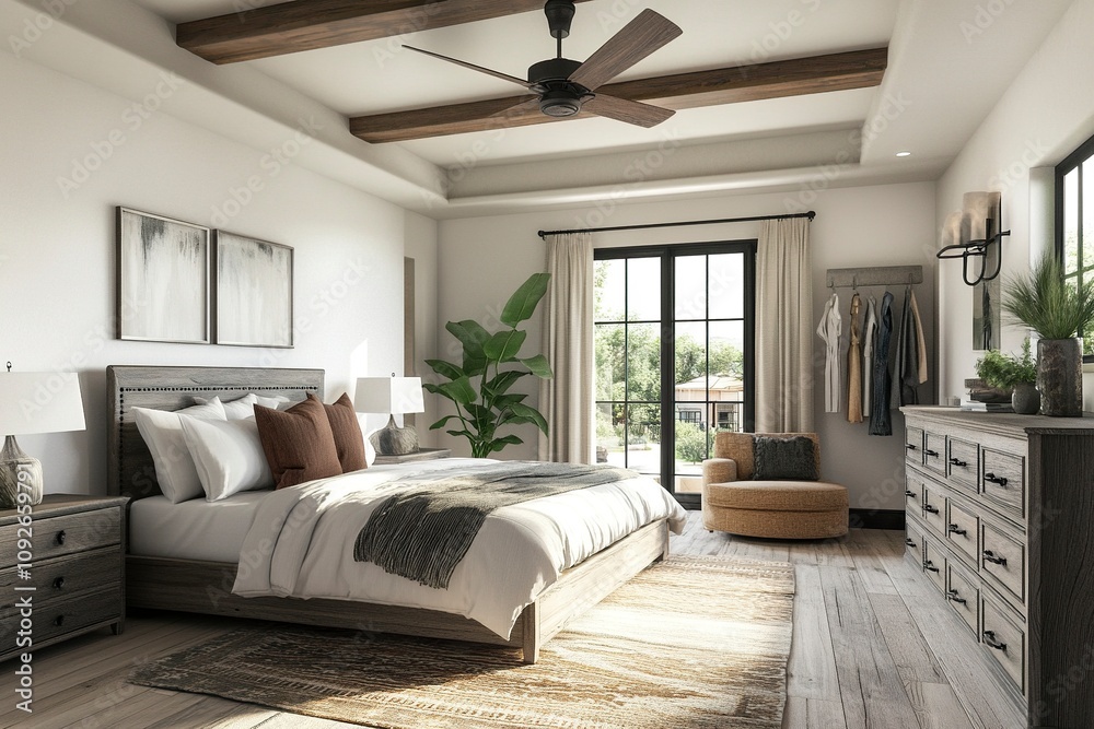 an American modern farmhouse style bedroom which ceiling fan is flat and plain generative ai an American modern farmhouse style bedroom which ceiling fan is flat and plain generative ai