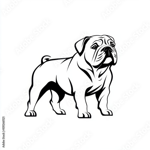 Black and white illustration of a bulldog featuring intricate details, showcasing the breed's stocky build and distinctive wrinkled features in a bold and elegant design.
