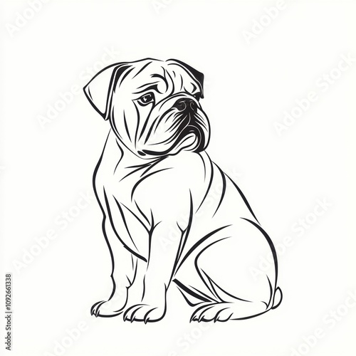 Black and white illustration of a bulldog featuring intricate details, showcasing the breed's stocky build and distinctive wrinkled features in a bold and elegant design.