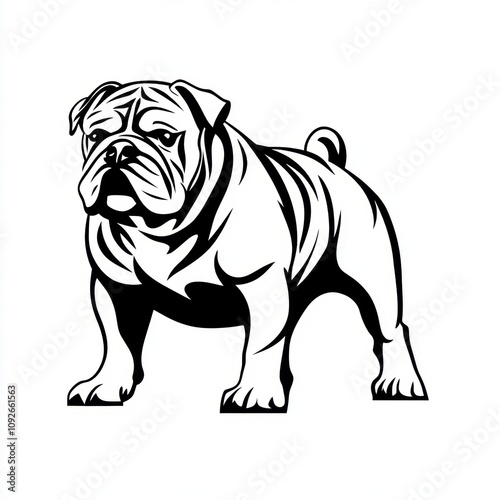 Black and white illustration of a bulldog featuring intricate details, showcasing the breed's stocky build and distinctive wrinkled features in a bold and elegant design.