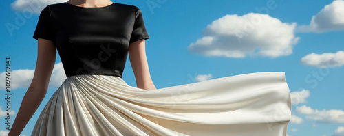 A dynamic shot of a satin skirt swirling dramatically in the wind, the model poised on a city rooftop