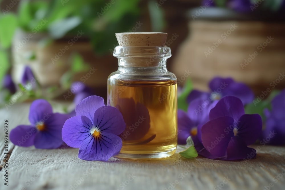 a bottle of violet essential oil with fresh violet flowers a bottle of violet essential oil with fresh violet flowers